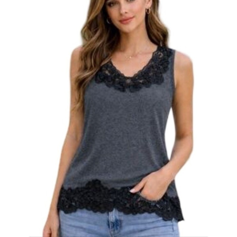 White House Black Market Heather Gray Black Lace Trim Sleeveless Shell Top M NEW